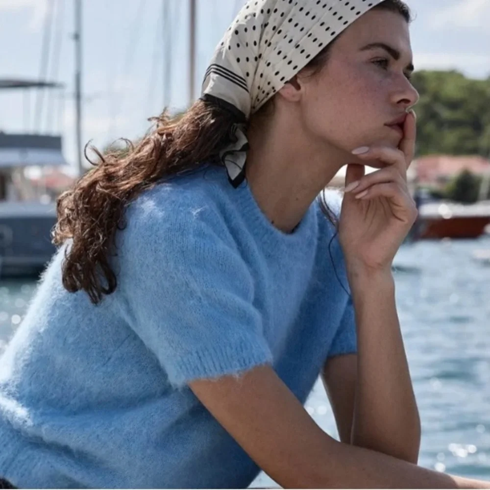 NWT Doen Hearst Alpaca Wool Brushed Puff Short Sleeve Sweater Top Seashore Blue
